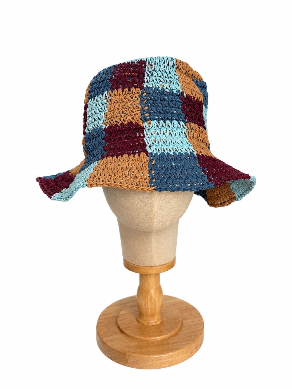 BOHO Multicolor Crochet Bucket Hat - Blue, Burgundy & Tan